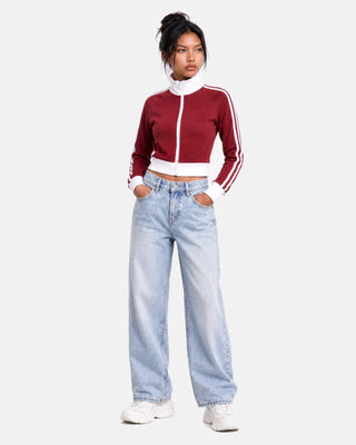 Contrast Side Stripe Fleece Cropped Track Jacket