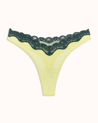 Green mesh thong with dark green lace trim