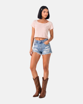 Off-Shoulder Rolled Hem Cotton T-Shirt
