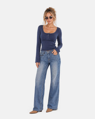 Ruffle Button Scoop-Neck Slim-Fit Long-Sleeve Top