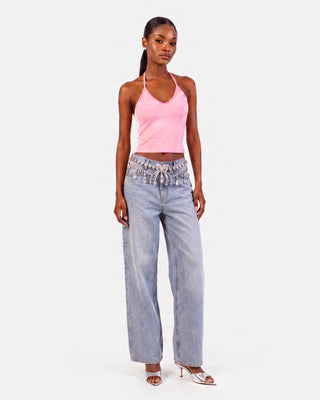Women's Color Block Halter Crop Tank Top