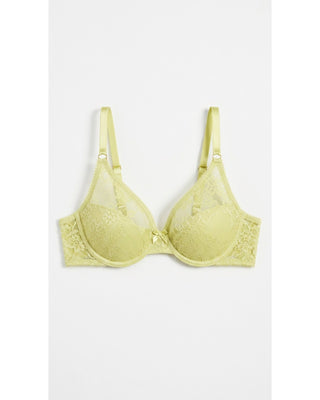 Yellow bra with lace details on a white background