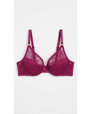 Pink bra with lace details on a white background