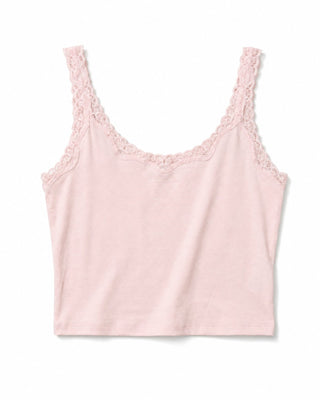 Pink tank top with lace trim on a white background