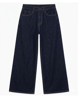 Dark blue wide-leg jeans on a white background