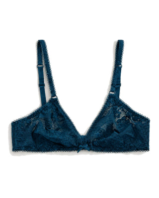 Blue lace bra on a white background