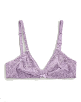 Purple lace bra on a white background