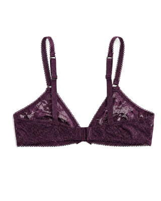 Purple lace bra on a white background