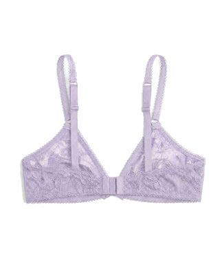 Lavender bra with lace details on a white background