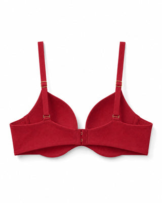 Red microfiber wireless comfortable bra with thin straps on a white background