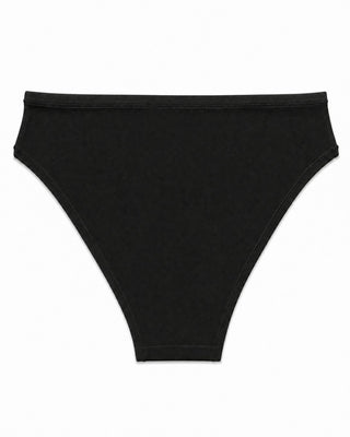 Black high-waisted bikini bottom on a white background