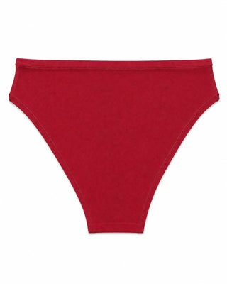 Red high-waisted bikini bottom on a white background