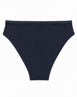 Navy blue high-waisted bikini bottom on a white background