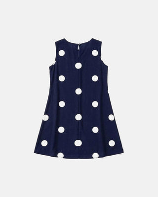 NOCI navy blue sleeveless tank dress with white polka dots, scoop neckline, and relaxed silhouette.