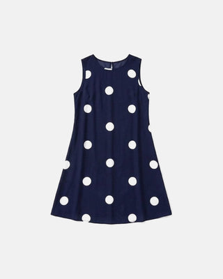 NOCI navy blue tank dress with white polka dots, featuring a relaxed silhouette and scoop neckline.