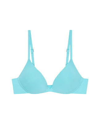 Light blue microfiber wireless comfortable bra on a white background