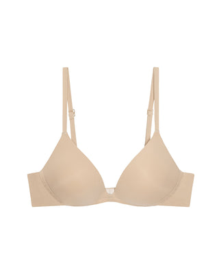Beige microfiber wireless comfortable bra on a white background