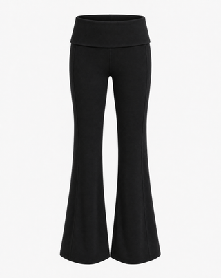 The Flare fold over pant in black, front view