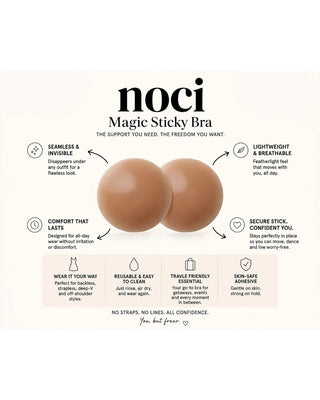 Advertisement for noci Magic Sticky Bra with product features on a white background